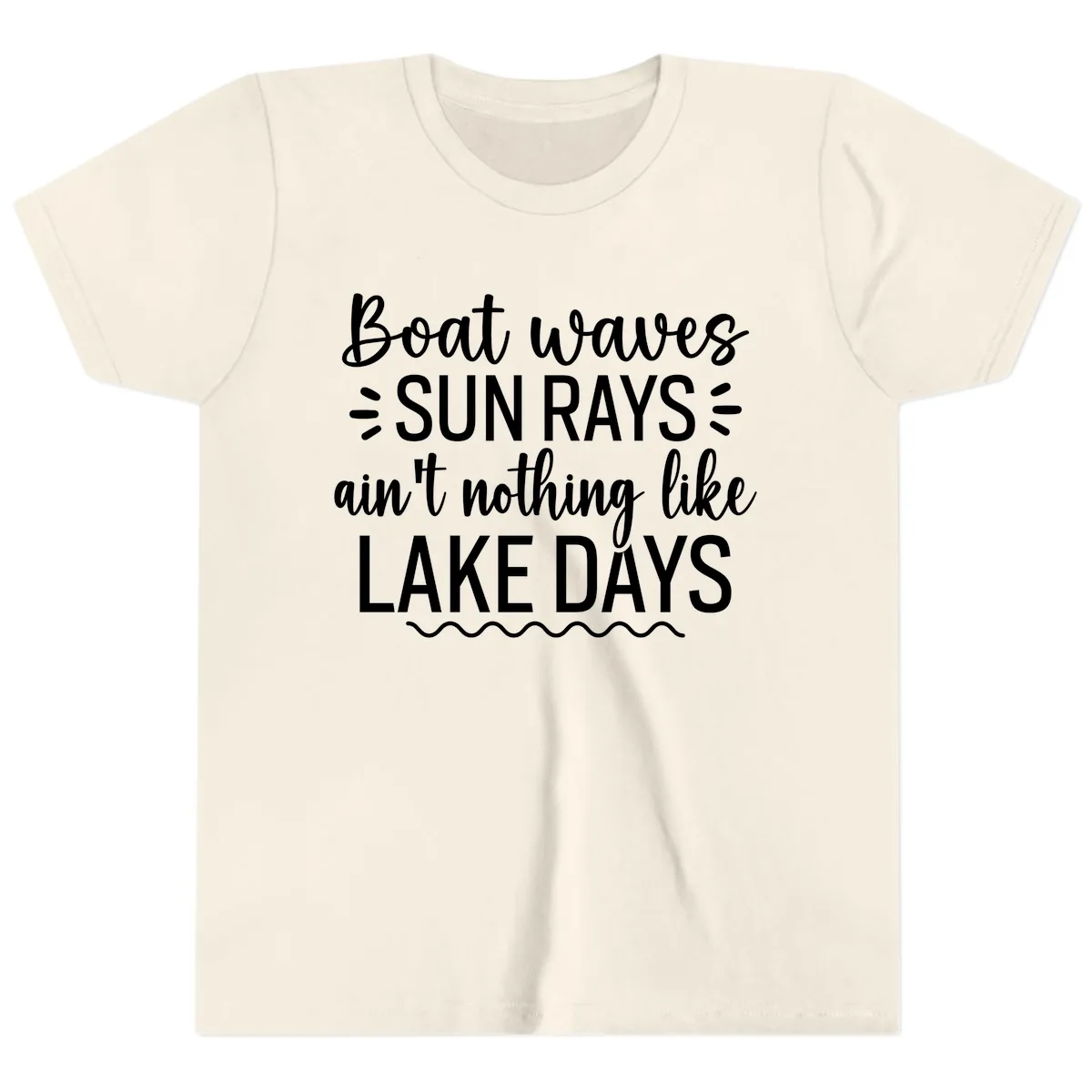 Boat Waves Sun Rays Lake Days Design Youth T-Shirt in Natural