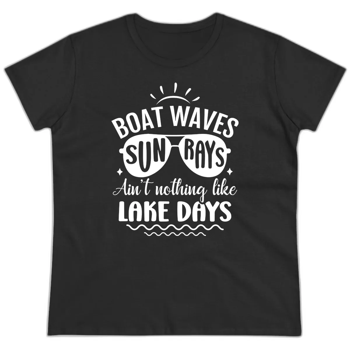 Boat Waves Sun Rays Lake Days Design Ladies Tee in Black