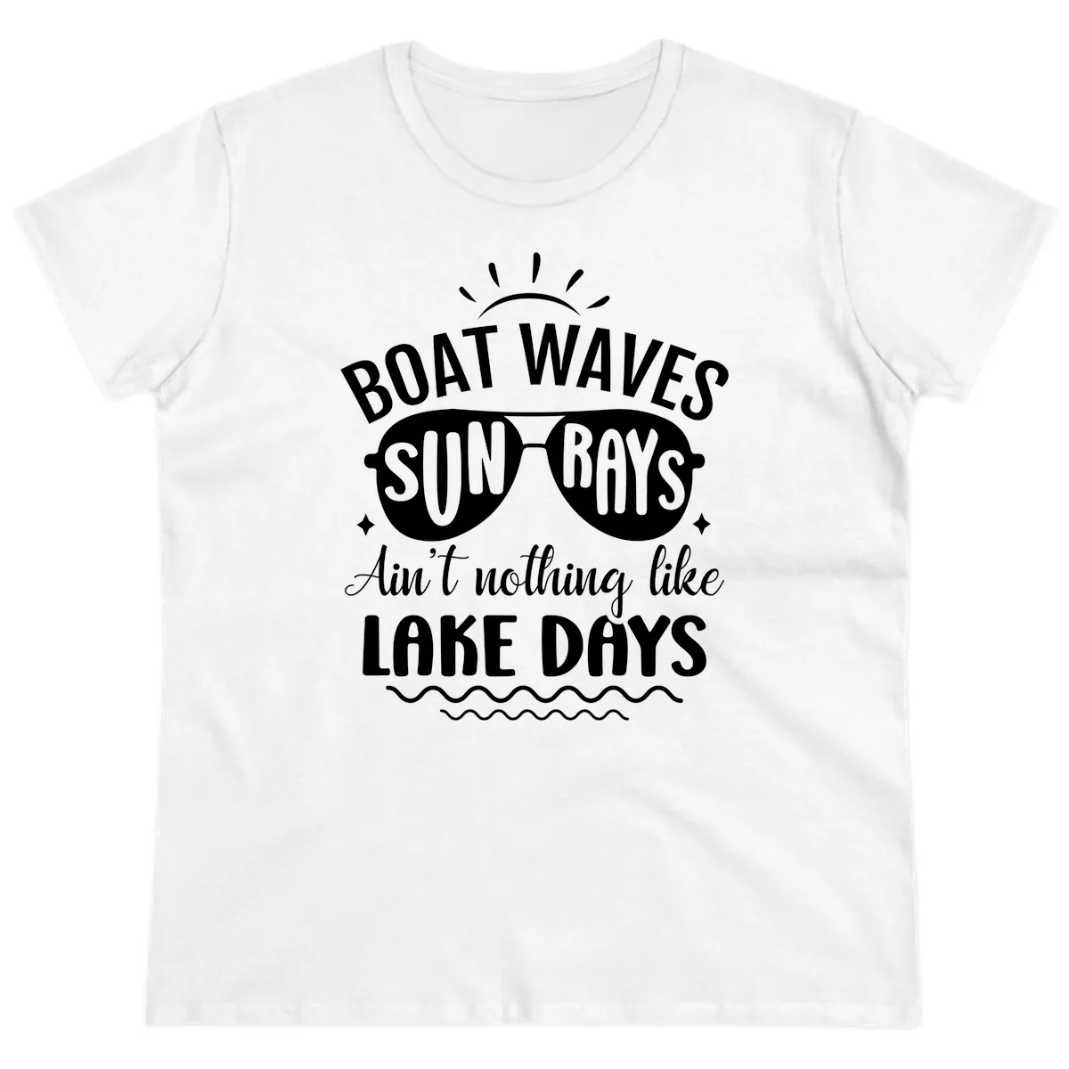 Boat Waves Sun Rays Lake Days Design Ladies Tee in White