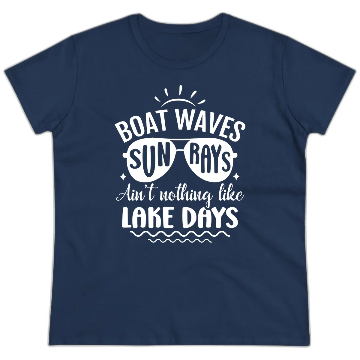 Boat Waves Sun Rays Lake Days Design Ladies Tee in Navy