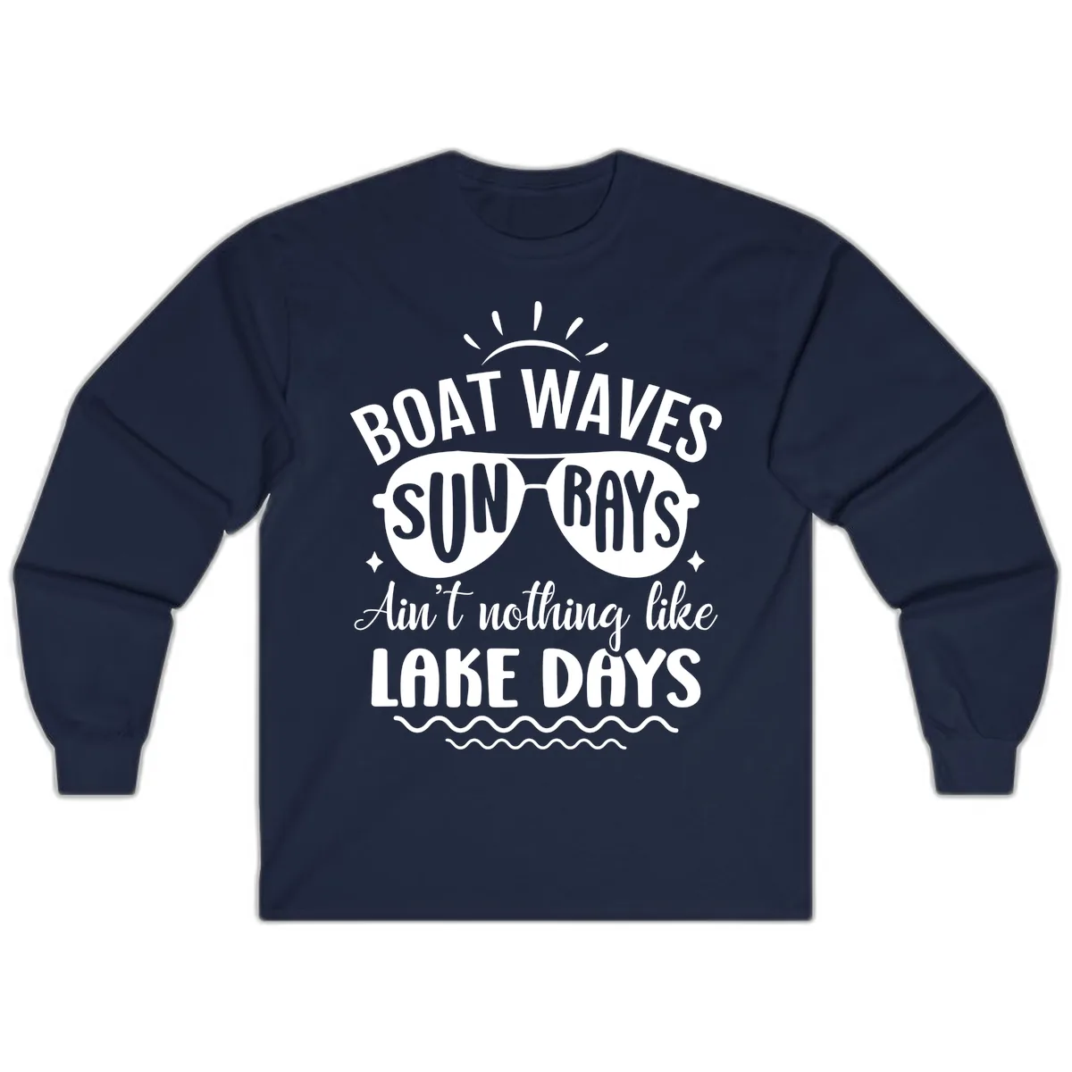 Boat Waves Sun Rays Lake Days Design Long Sleeve in Navy