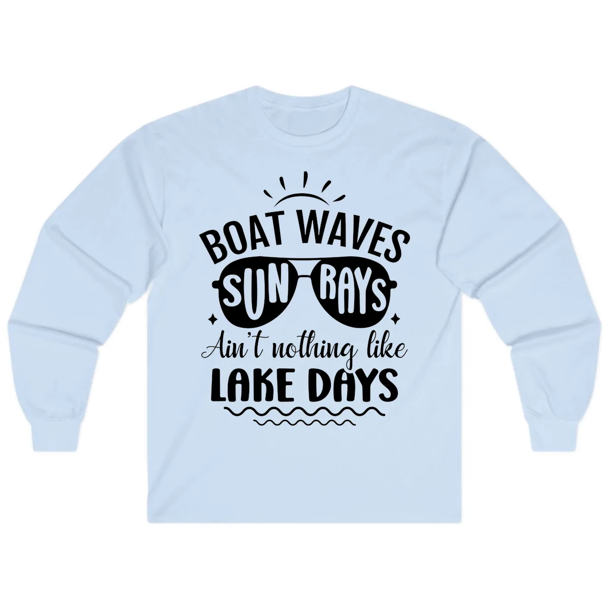 Boat Waves Sun Rays Lake Days Design Long Sleeve in Light Blue