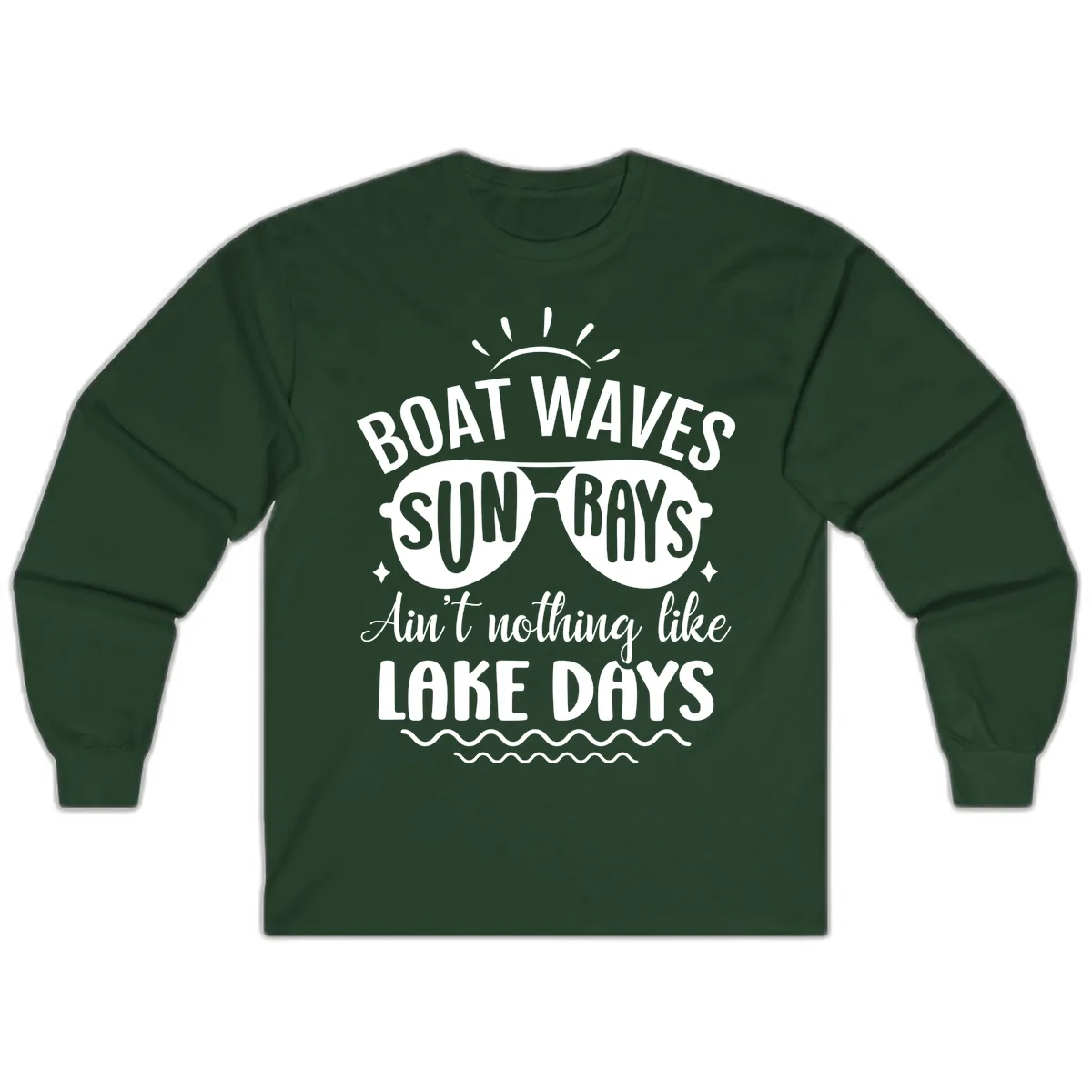 Boat Waves Sun Rays Lake Days Design Long Sleeve in Forest Green