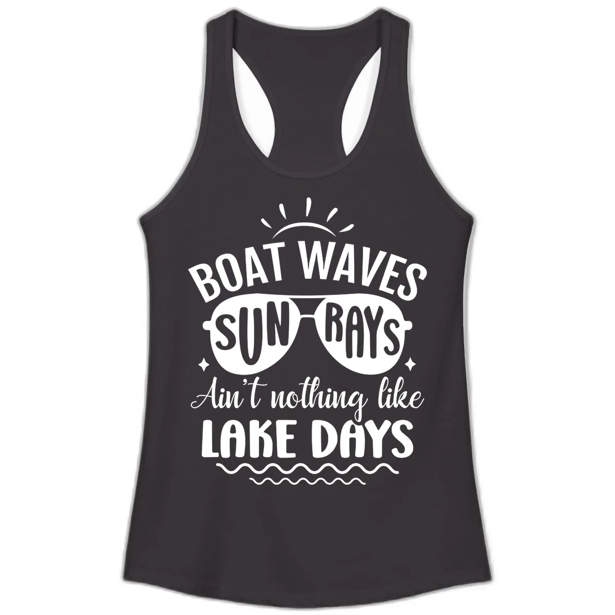 Boat Waves Sun Rays Lake Days Design Ladies Tank in Black