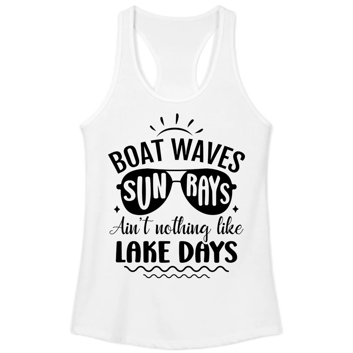 Boat Waves Sun Rays Lake Days Design Ladies Tank in White