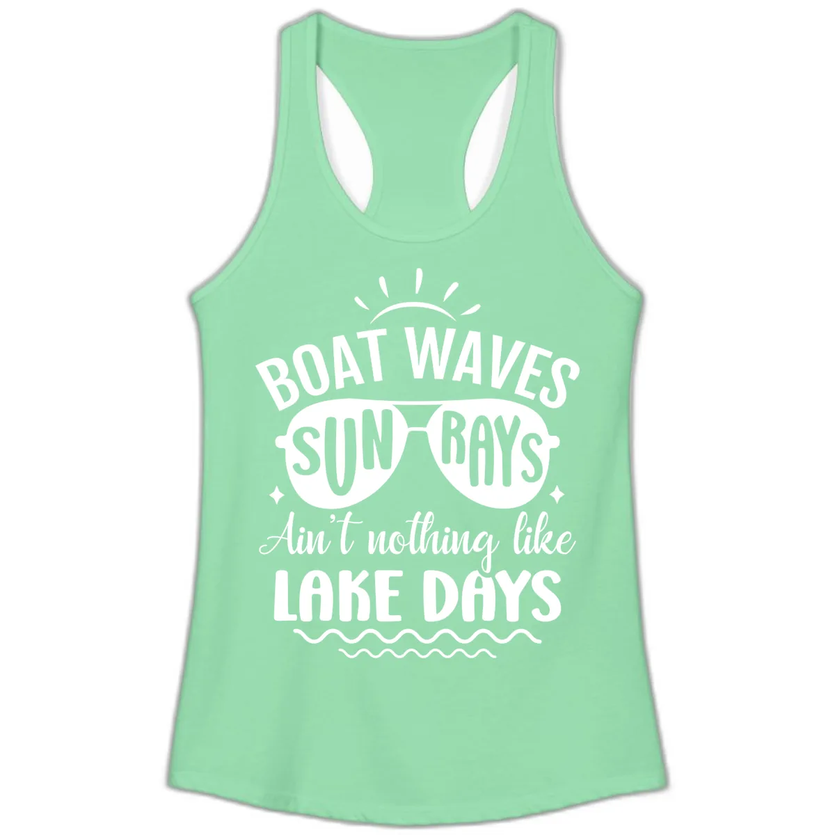 Boat Waves Sun Rays Lake Days Design Ladies Tank in Solid Mint