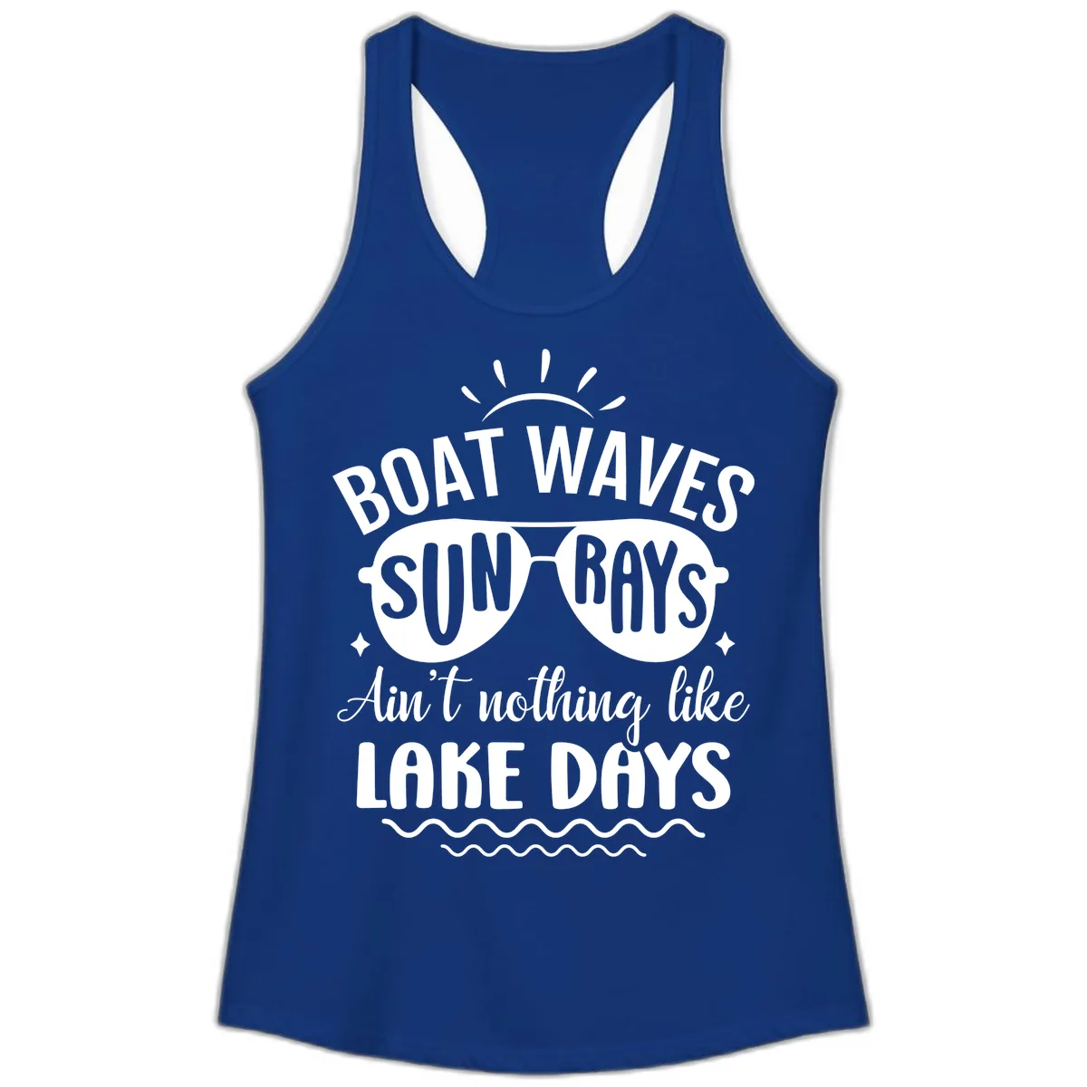 Boat Waves Sun Rays Lake Days Design Ladies Tank in Solid Royal