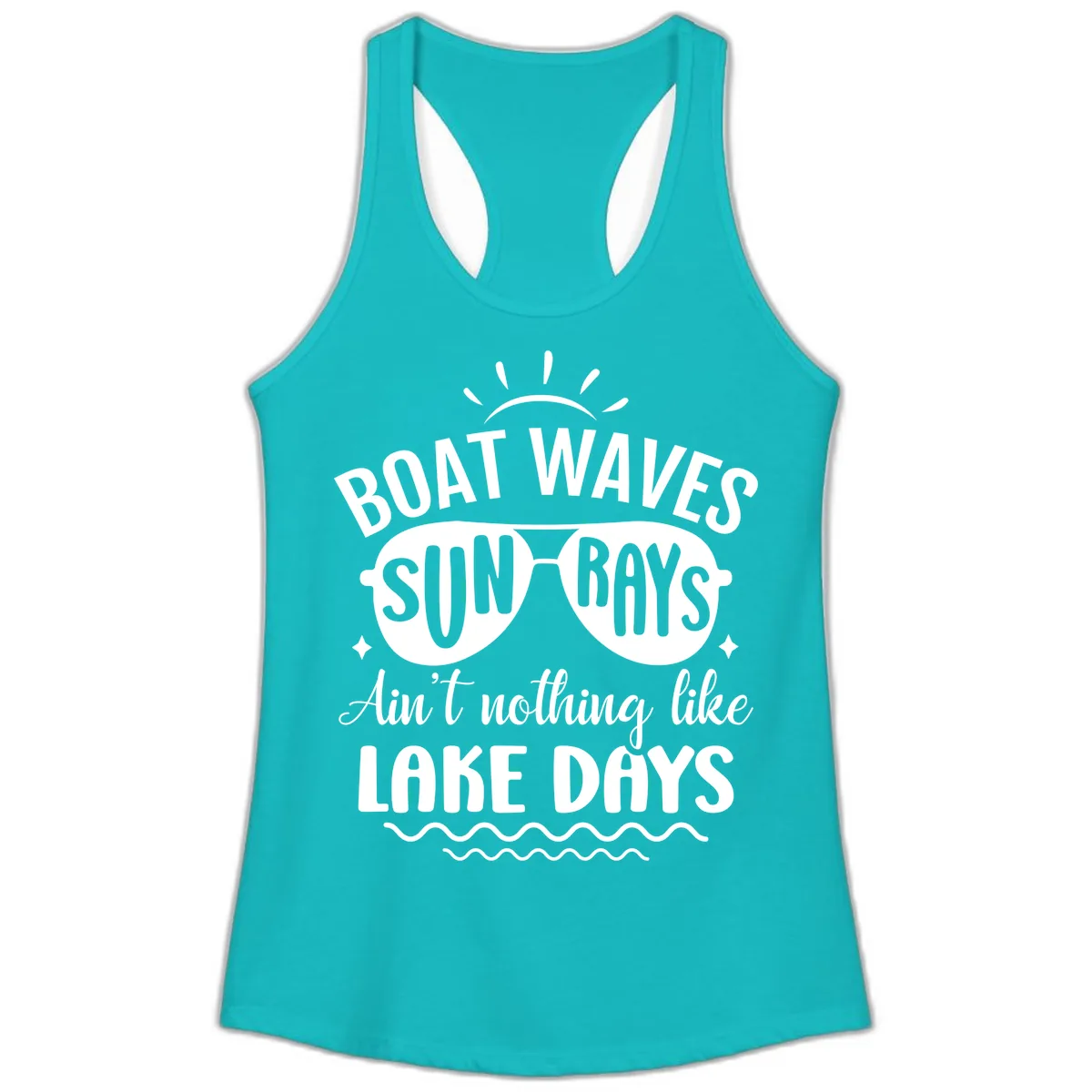 Boat Waves Sun Rays Lake Days Design Ladies Tank in Tahiti Blue