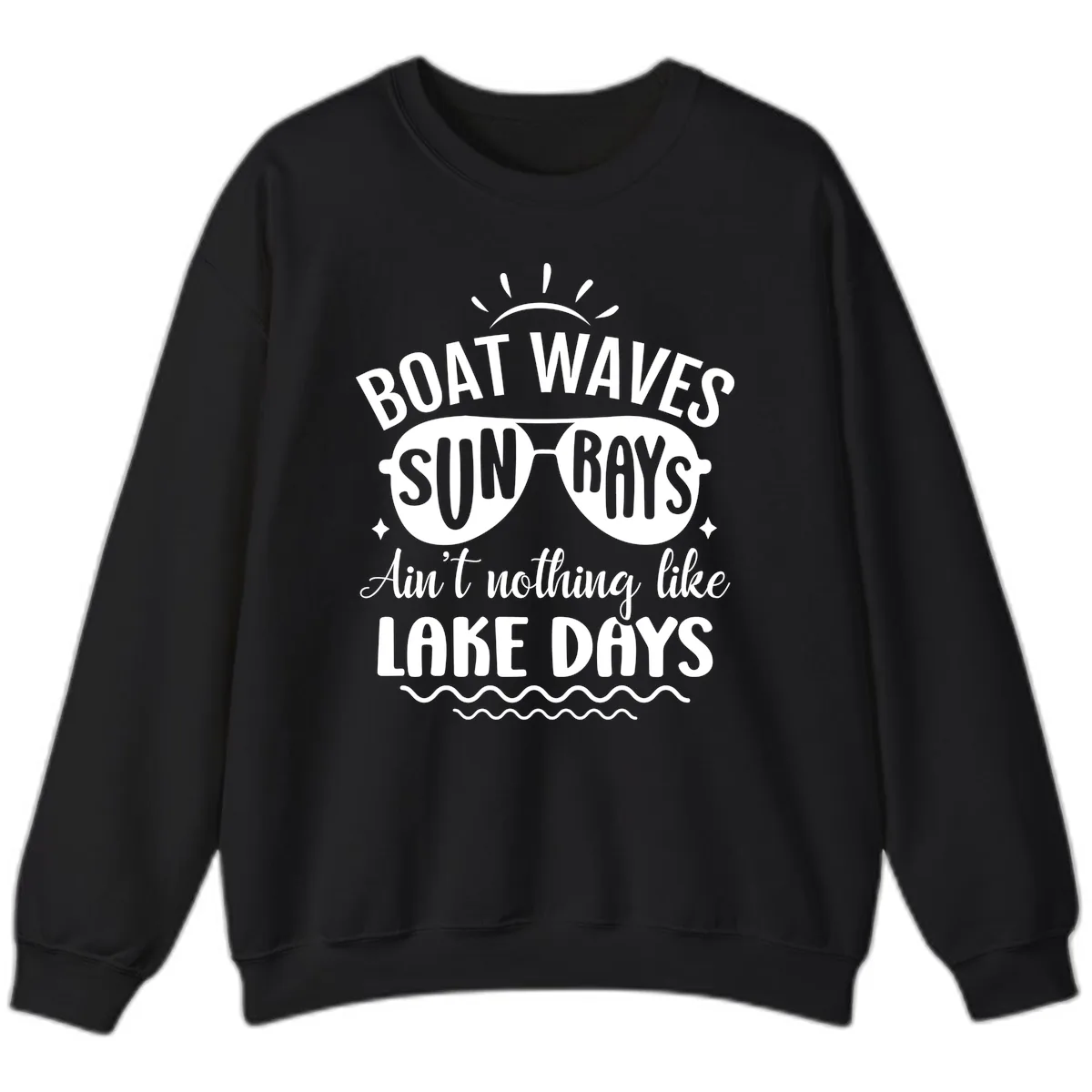 Boat Waves Sun Rays Lake Days Design Sweatshirt in Black