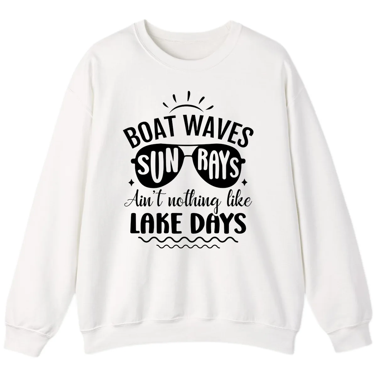 Boat Waves Sun Rays Lake Days Design Sweatshirt in White