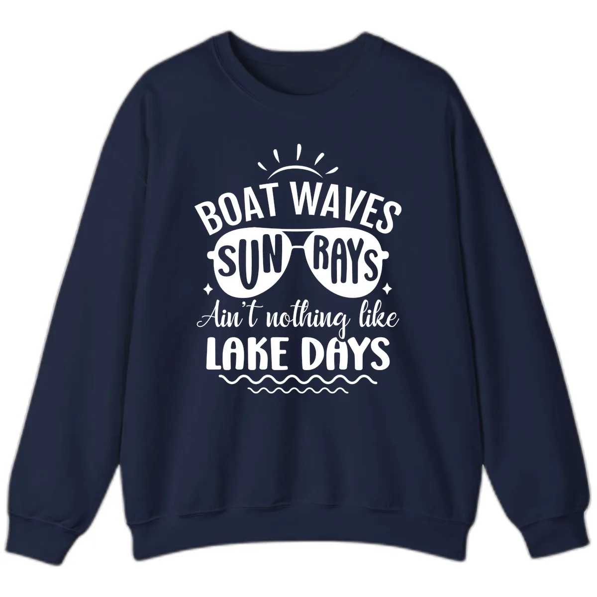 Boat Waves Sun Rays Lake Days Design Sweatshirt in Navy