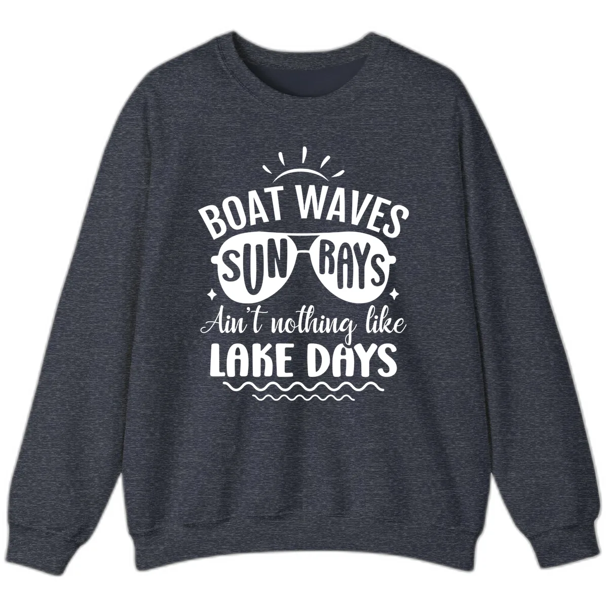 Boat Waves Sun Rays Lake Days Design Sweatshirt in Heather Sport Dark Navy