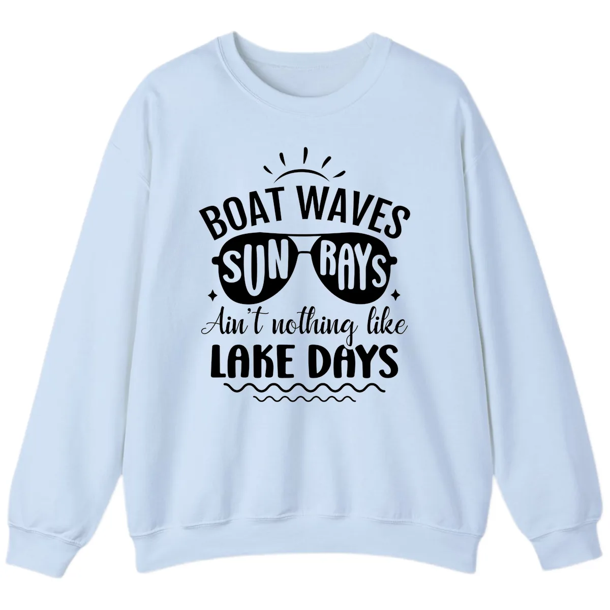 Boat Waves Sun Rays Lake Days Design Sweatshirt in Light Blue