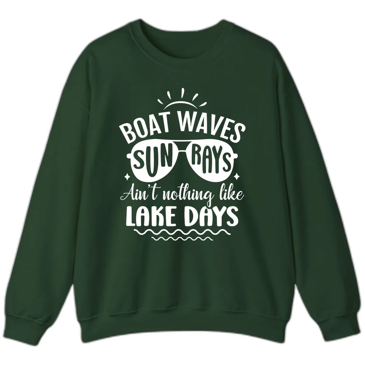 Boat Waves Sun Rays Lake Days Design Sweatshirt in Forest Green