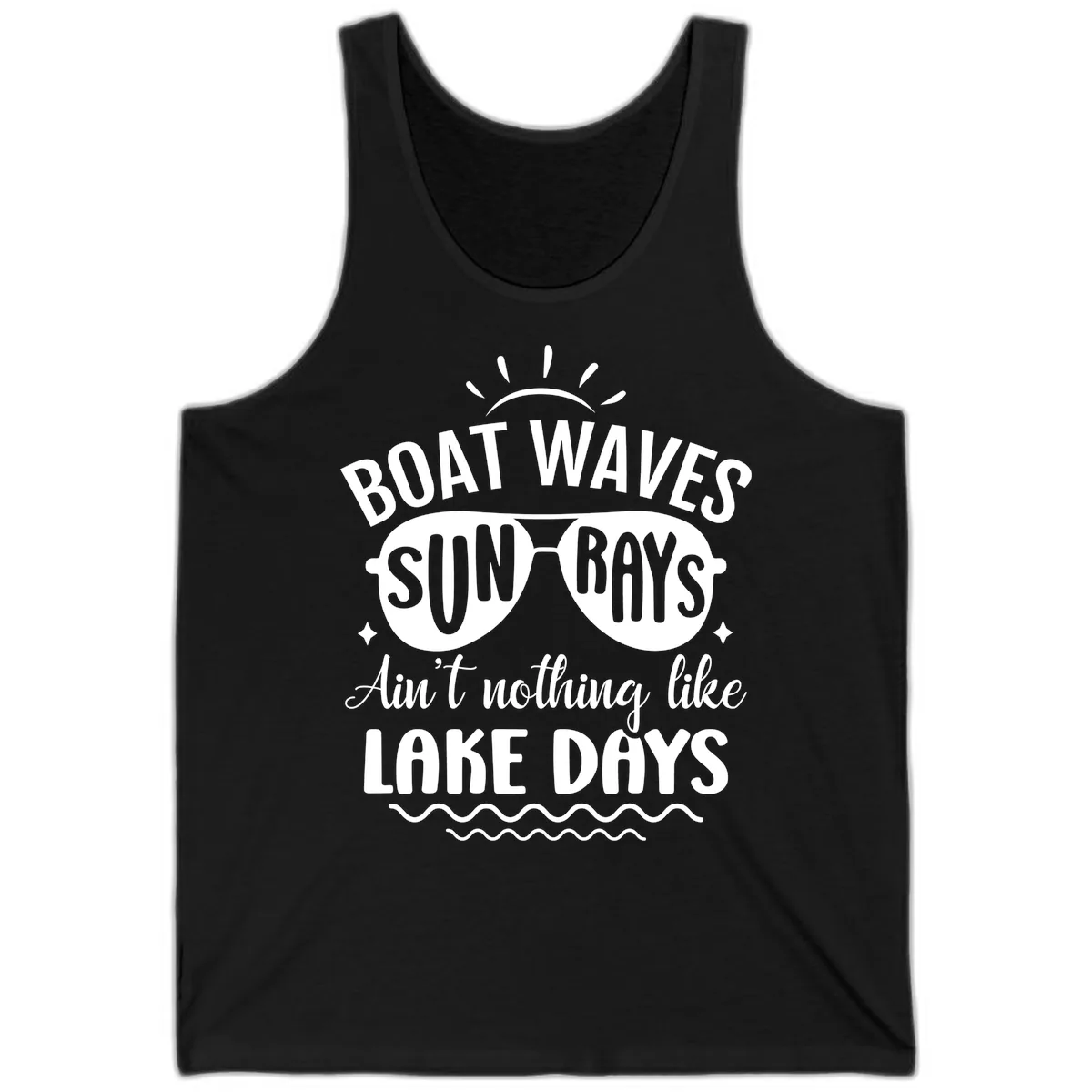 Boat Waves Sun Rays Lake Days Design Tank in Black