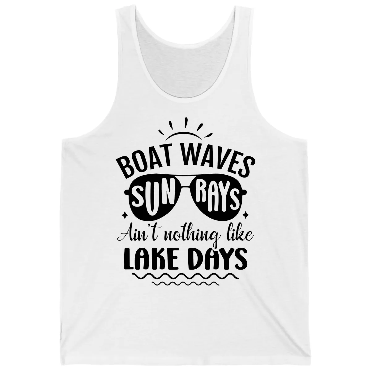 Boat Waves Sun Rays Lake Days Design Tank in White