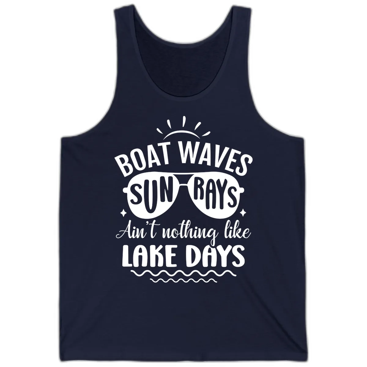 Boat Waves Sun Rays Lake Days Design Tank in Navy
