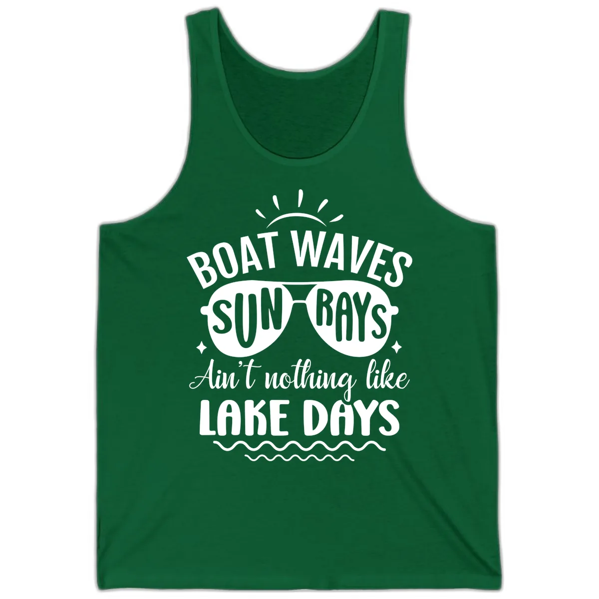 Boat Waves Sun Rays Lake Days Design Tank in Kelly