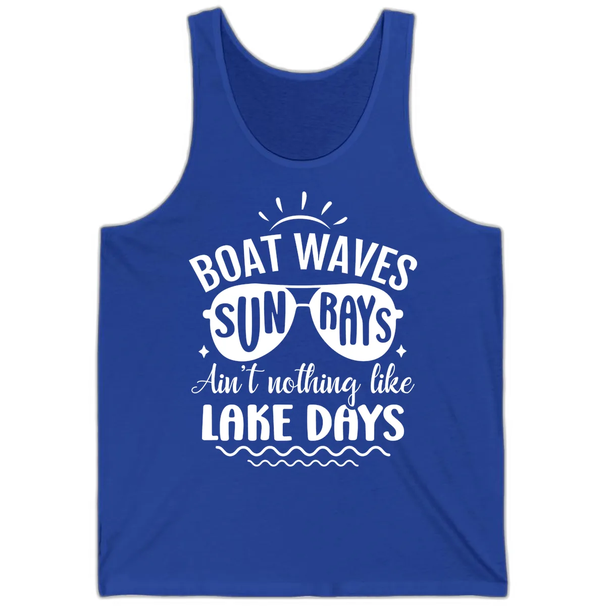Boat Waves Sun Rays Lake Days Design Tank in True Royal