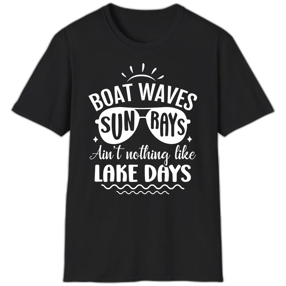 Boat Waves Sun Rays Lake Days Design T-Shirt in Black