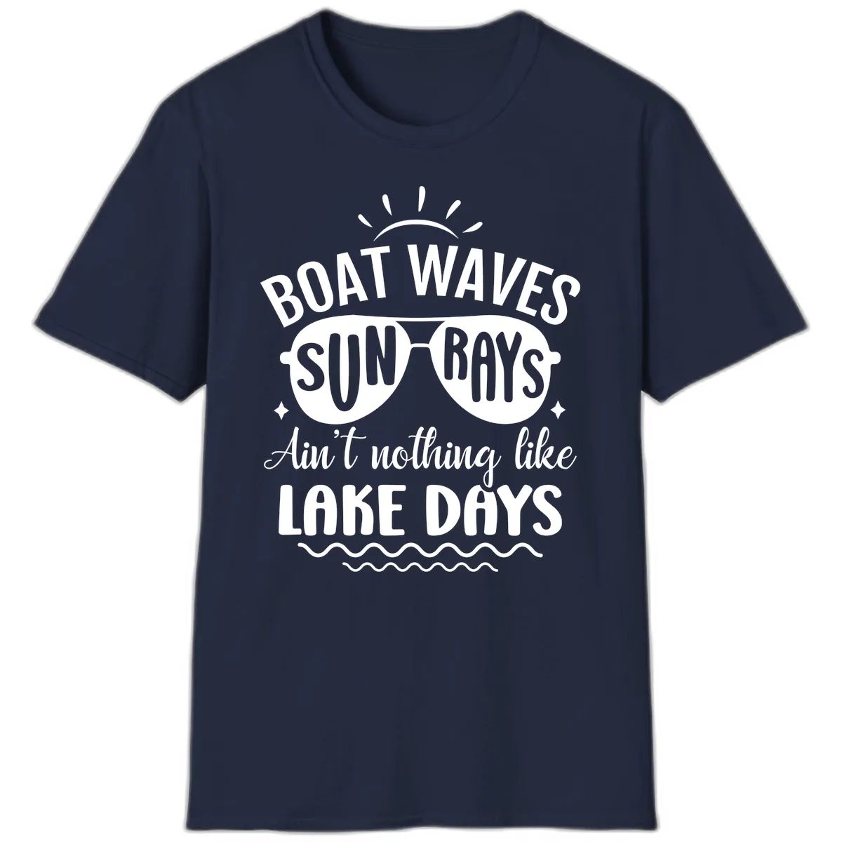 Boat Waves Sun Rays Lake Days Design T-Shirt in Navy