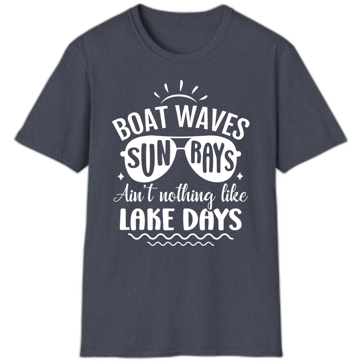 Boat Waves Sun Rays Lake Days Design T-Shirt in Heather Navy