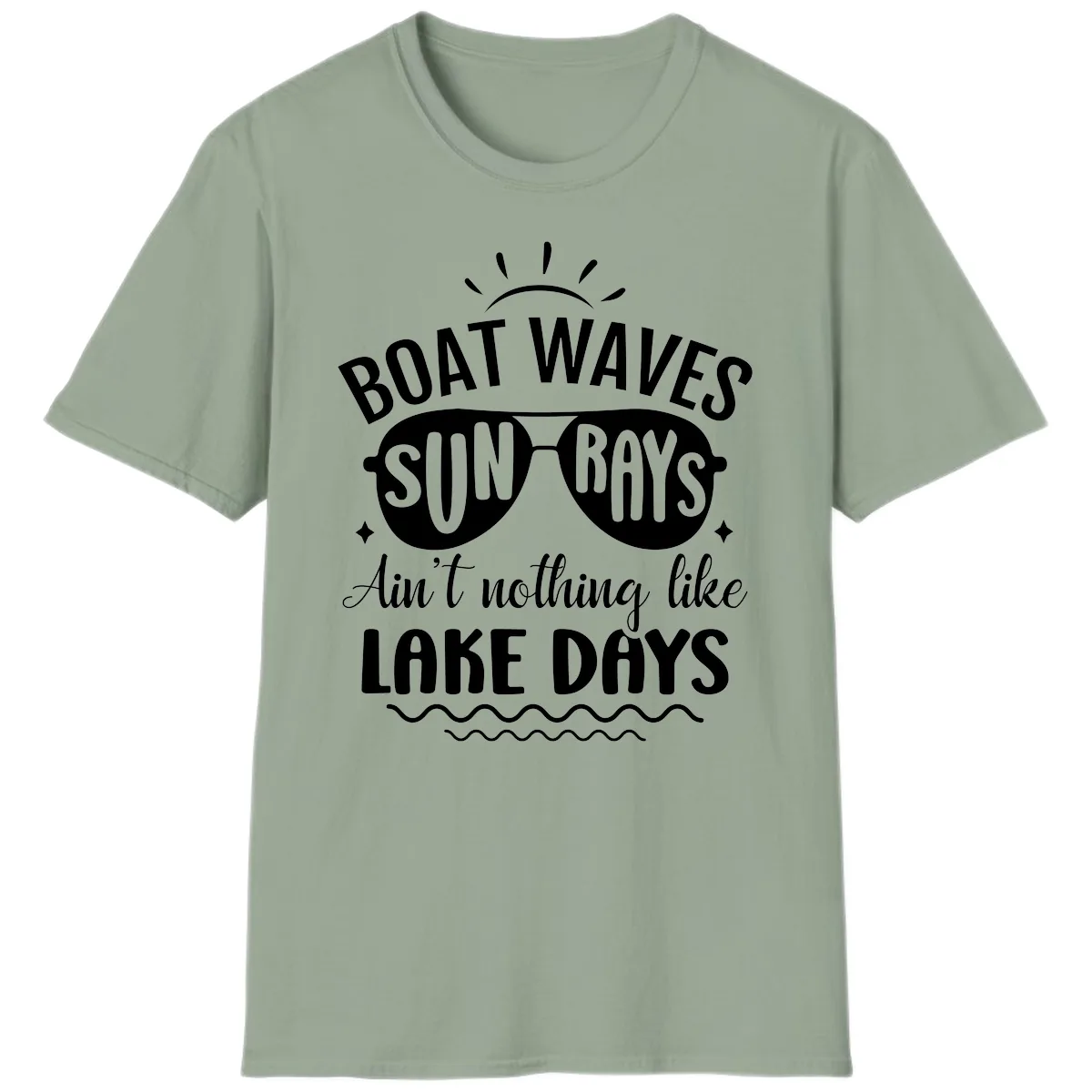 Boat Waves Sun Rays Lake Days Design T-Shirt in Sage