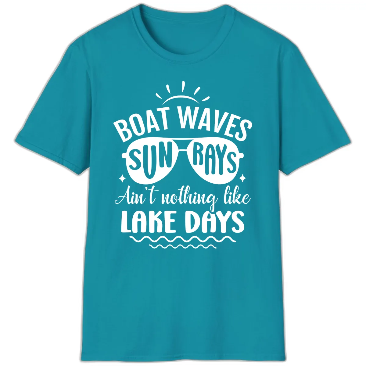 Boat Waves Sun Rays Lake Days Design T-Shirt in Tropical Blue