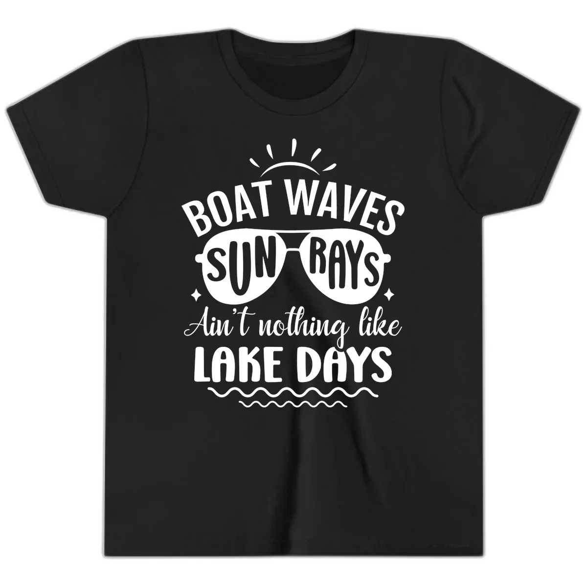 Boat Waves Sun Rays Lake Days Design Youth T-Shirt in Black