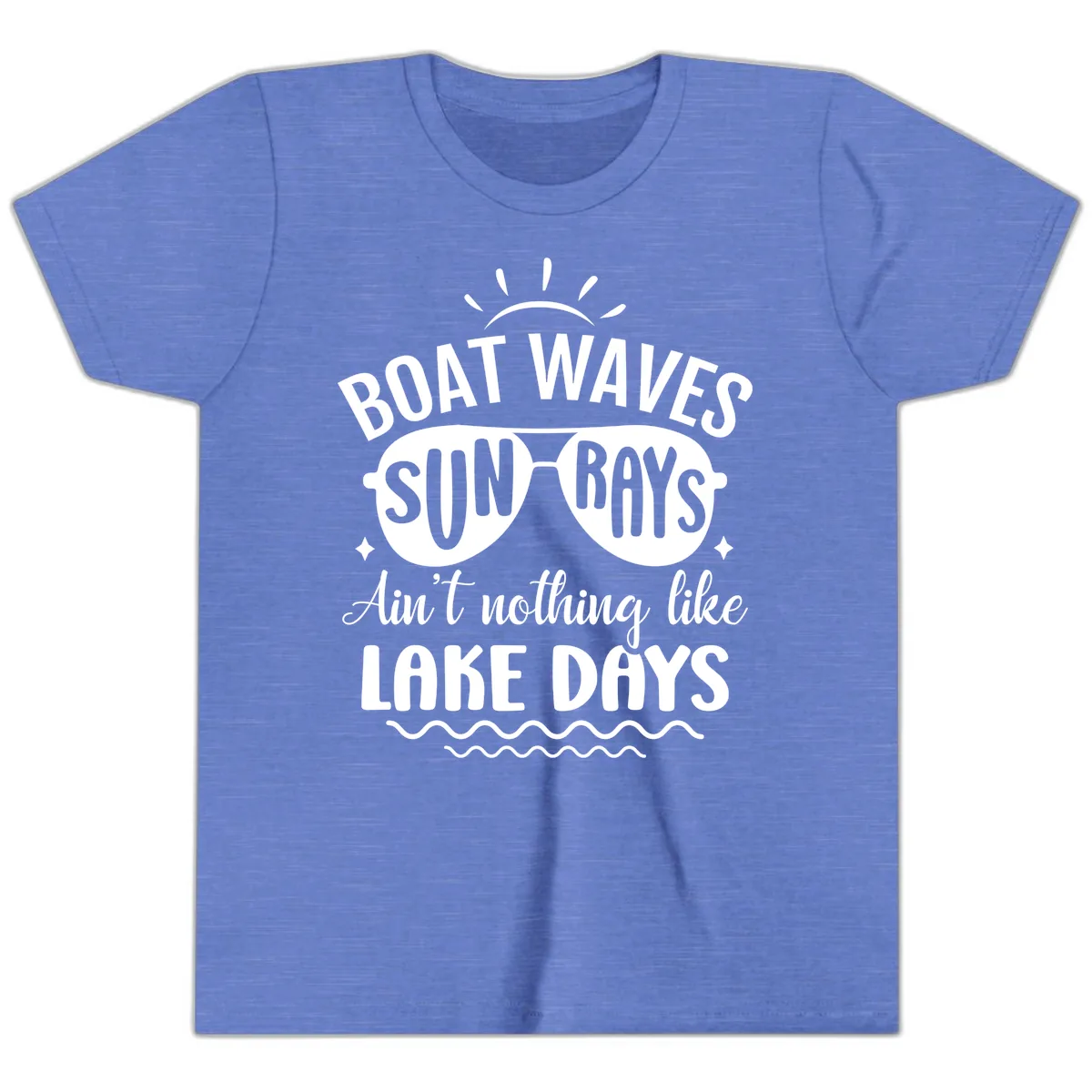 Boat Waves Sun Rays Lake Days Design Youth T-Shirt in Heather Columbia Blue