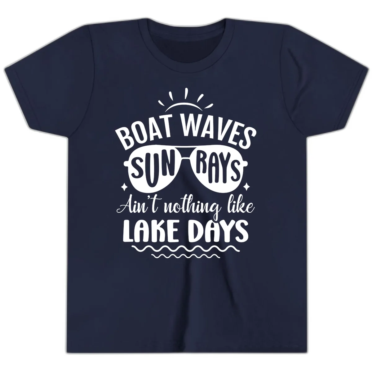 Boat Waves Sun Rays Lake Days Design Youth T-Shirt in Navy