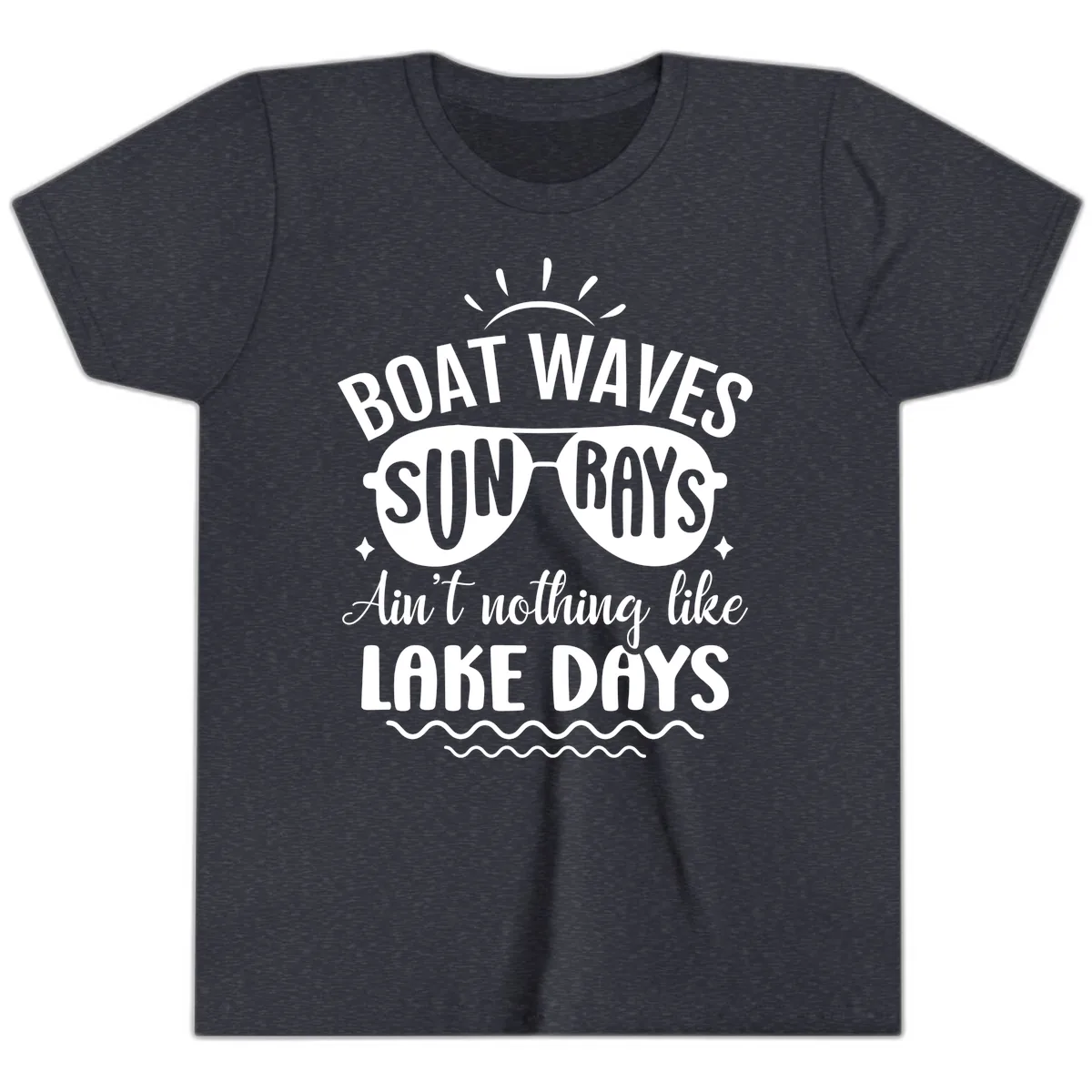 Boat Waves Sun Rays Lake Days Design Youth T-Shirt in Heather Navy