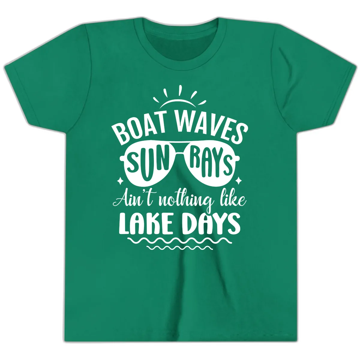Boat Waves Sun Rays Lake Days Design Youth T-Shirt in Kelly