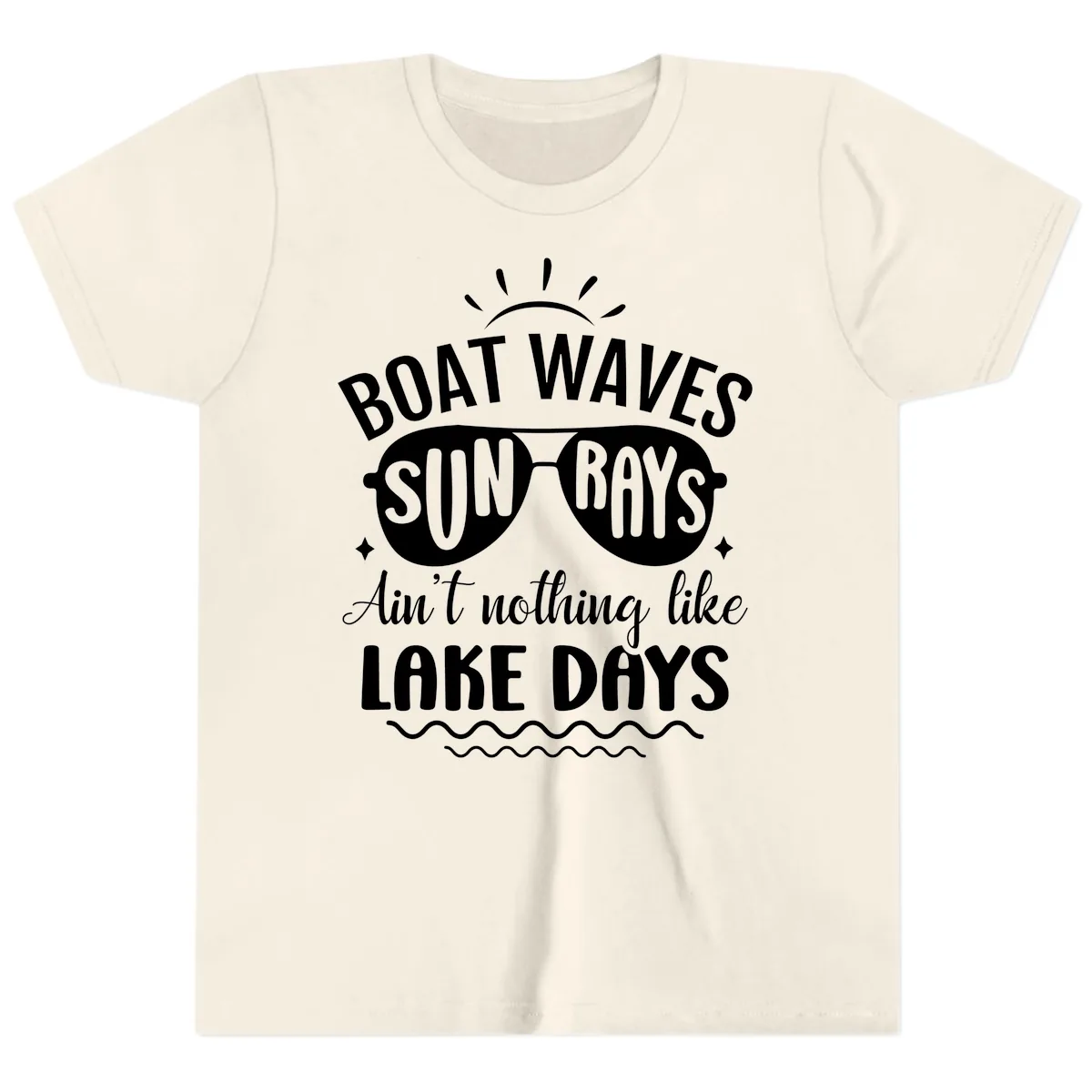 Boat Waves Sun Rays Lake Days Design Youth T-Shirt in Natural
