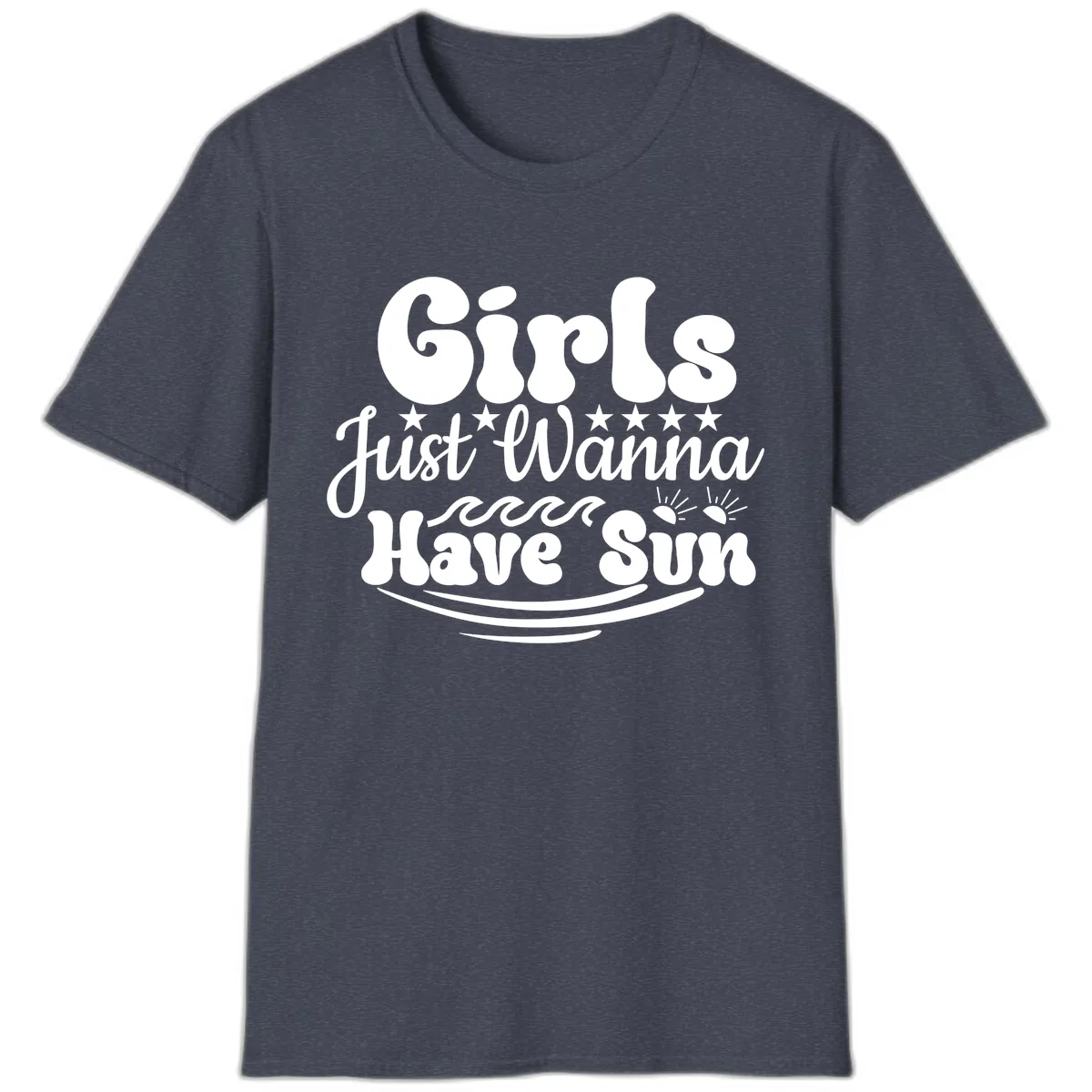 Girls Just Wanna Have Sun Retro Design T-Shirt in Heather Navy
