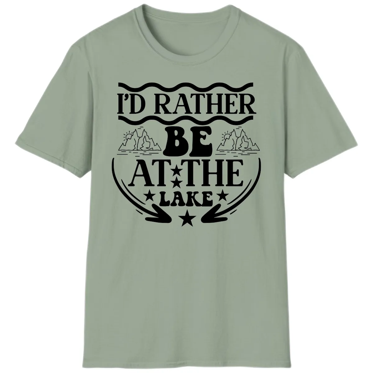 I'd Rather Be At The Lake Mountain Design T-Shirt in Sage
