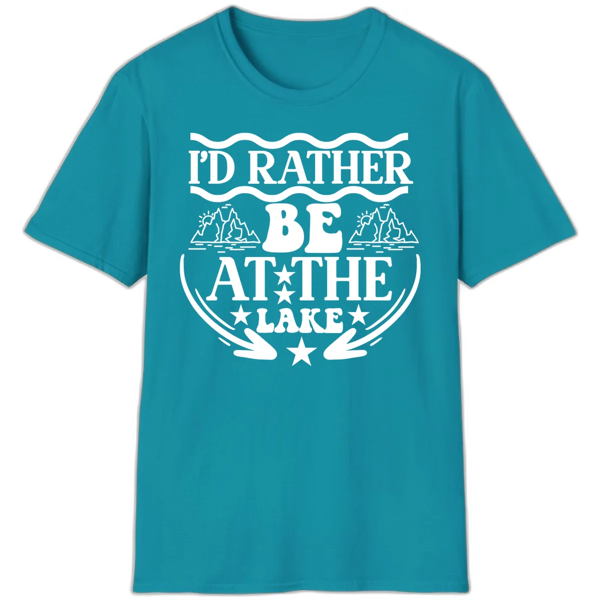 I'd Rather Be At The Lake Mountain Design T-Shirt in Tropical Blue