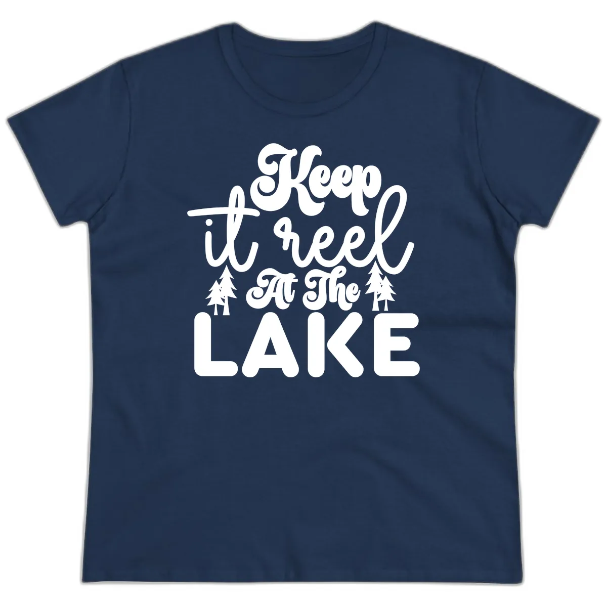 Keep It Reel At The Lake Design Ladies Tee in Navy