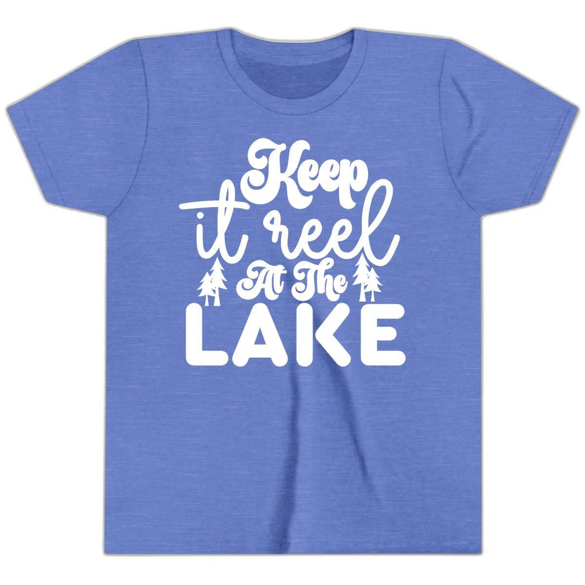 Keep It Reel At The Lake Design Youth T-Shirt in Heather Columbia Blue