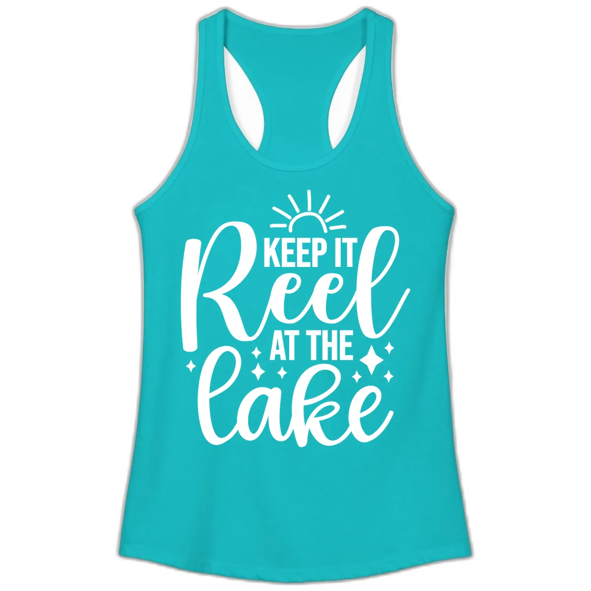 Keep It Reel At The Lake Design Ladies Tank in Tahiti Blue