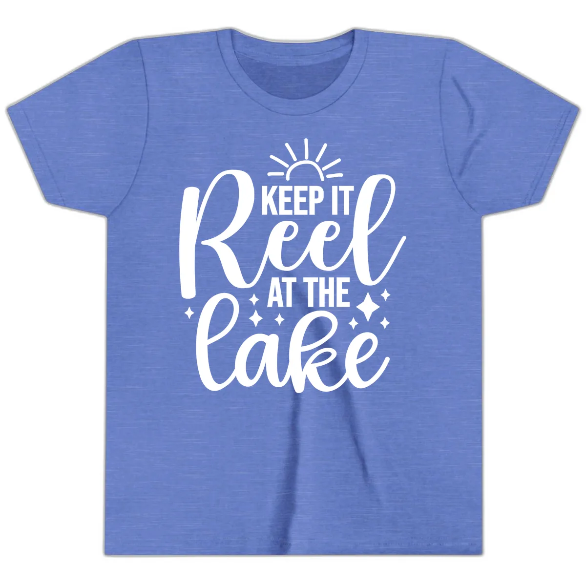 Keep It Reel At The Lake Design Youth T-Shirt in Heather Columbia Blue