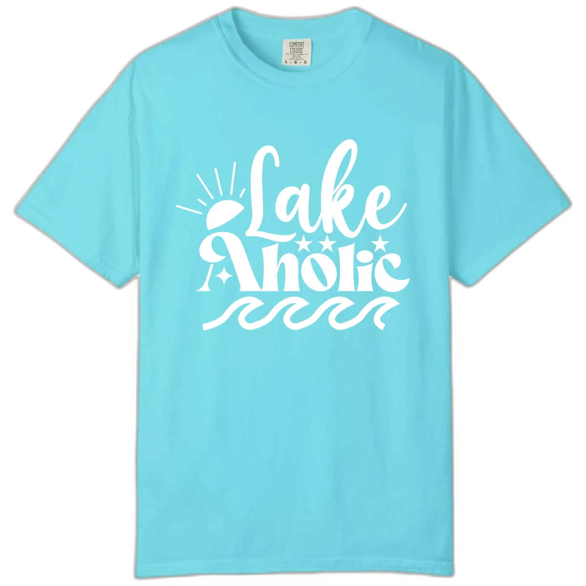 Lakeaholic Retro Script Design Comfort Color in Lagoon Blue
