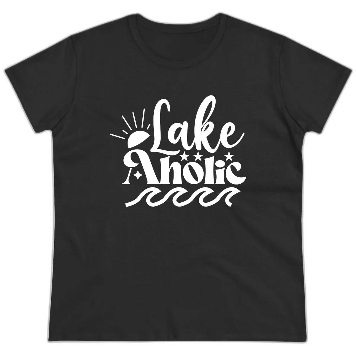 Lakeaholic Retro Script Design Ladies Tee in Black
