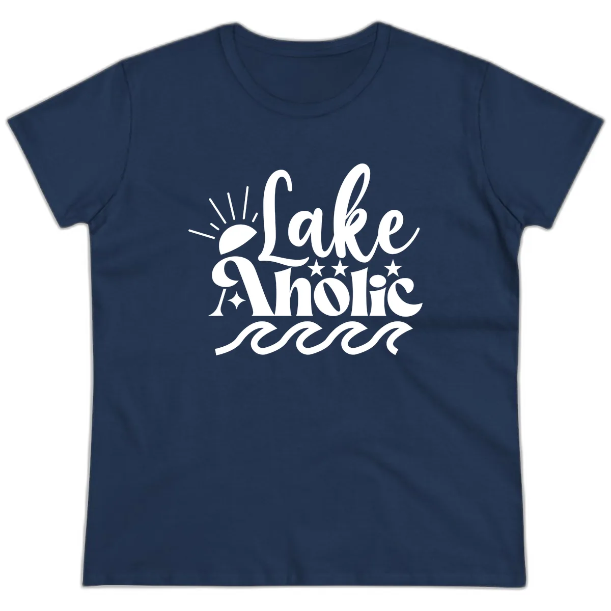 Lakeaholic Retro Script Design Ladies Tee in Navy