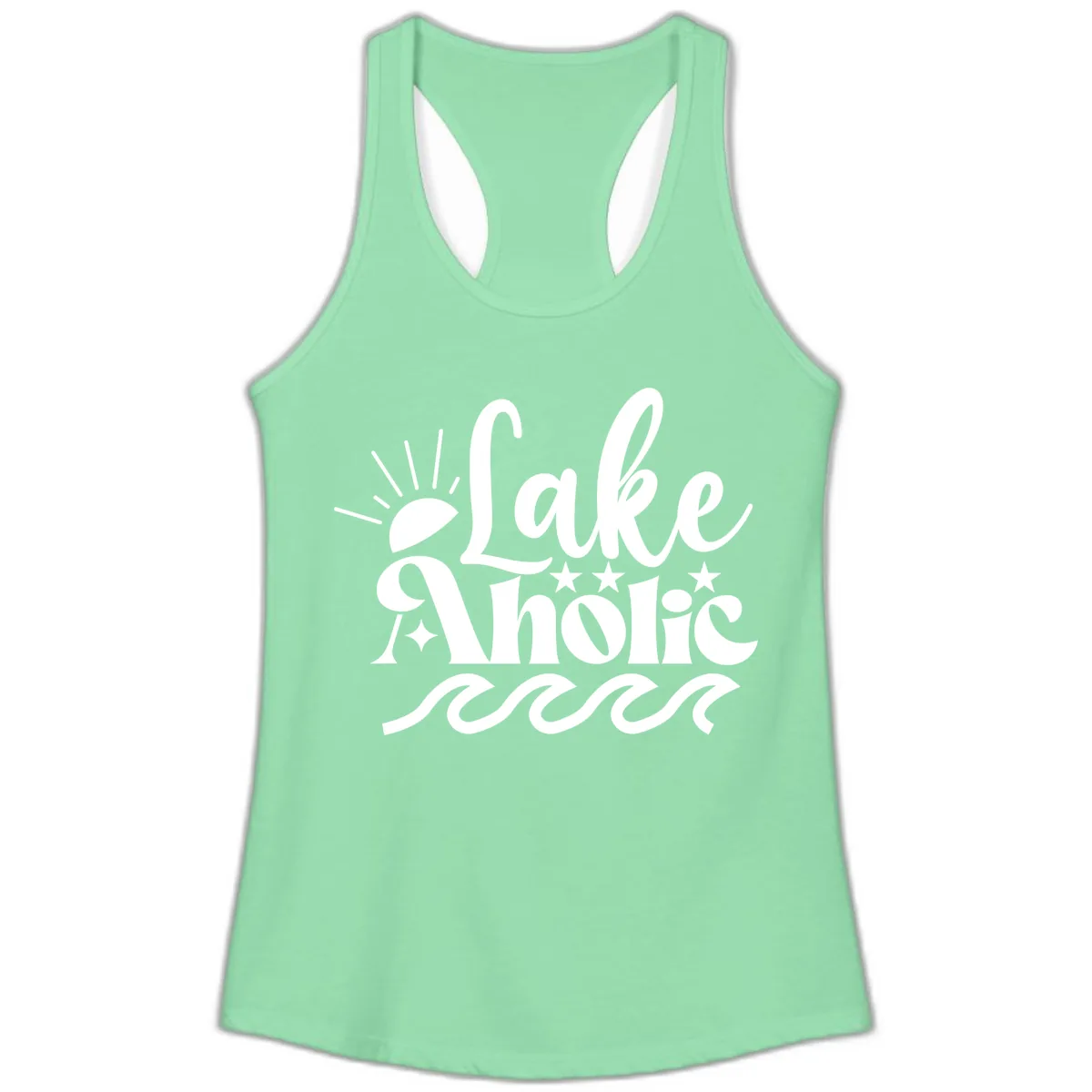 Lakeaholic Retro Script Design Ladies Tank in Solid Mint