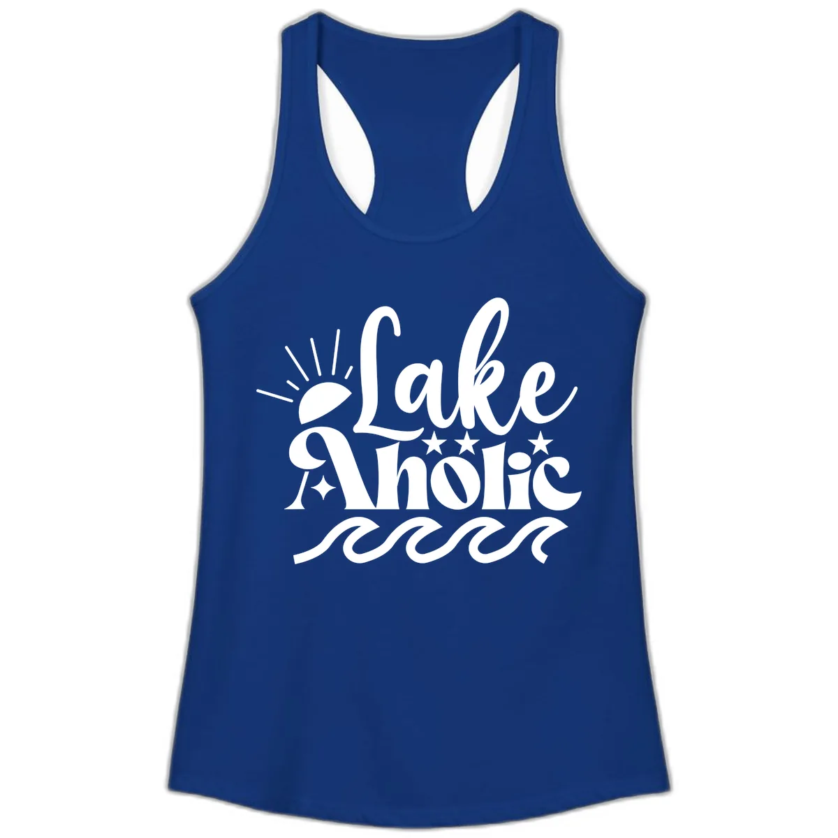 Lakeaholic Retro Script Design Ladies Tank in Solid Royal