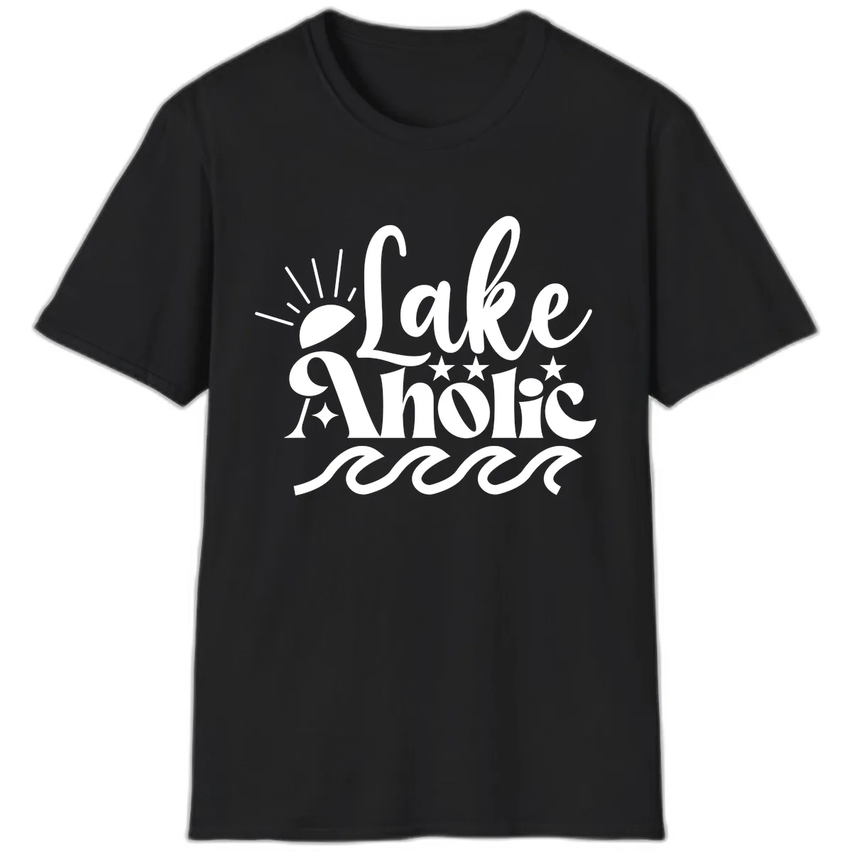 Lakeaholic Retro Script Design T-Shirt in Black