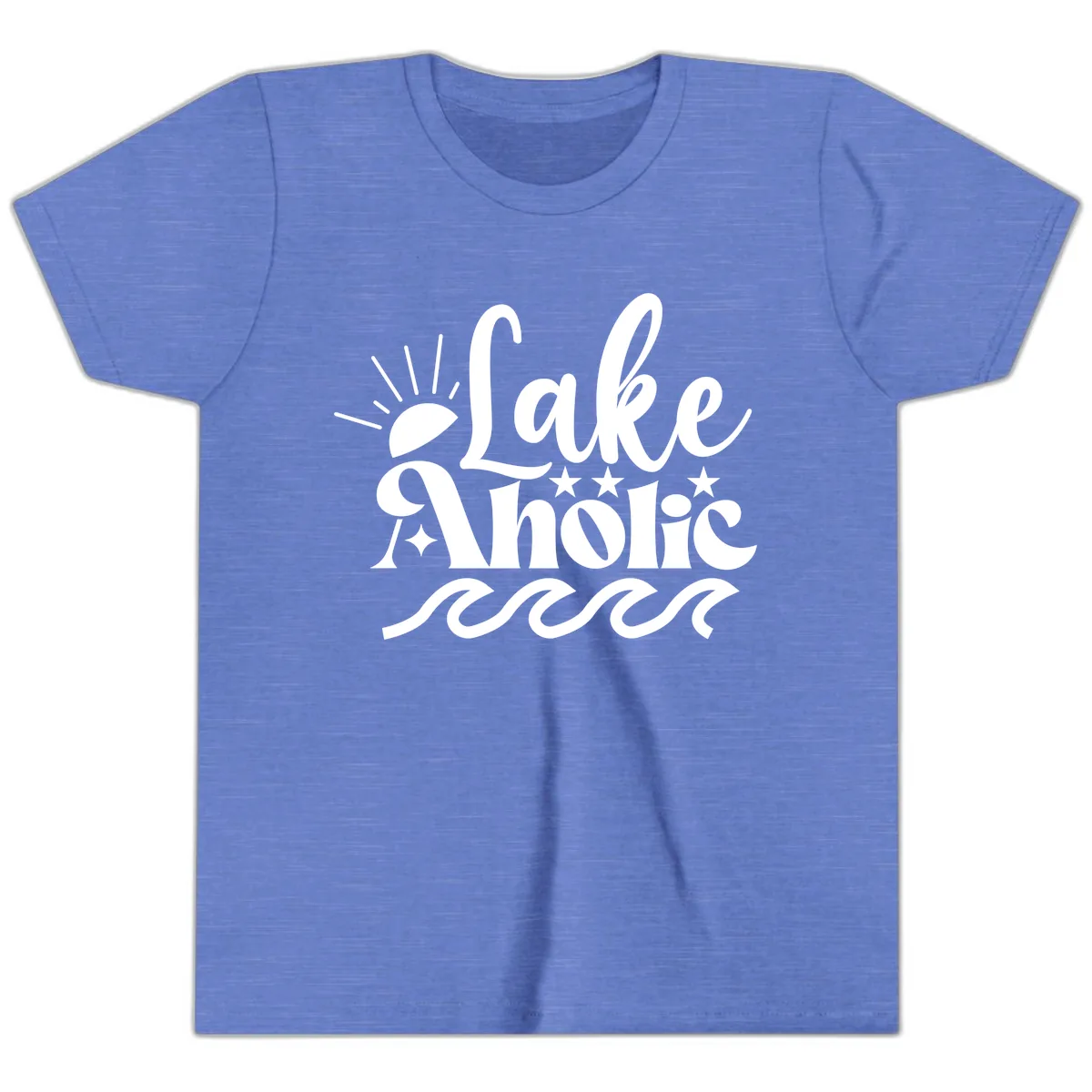 Lakeaholic Retro Script Design Youth T-Shirt in Heather Columbia Blue
