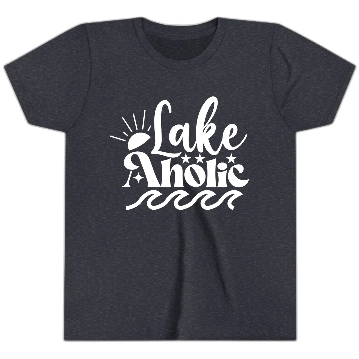 Lakeaholic Retro Script Design Youth T-Shirt in Heather Navy