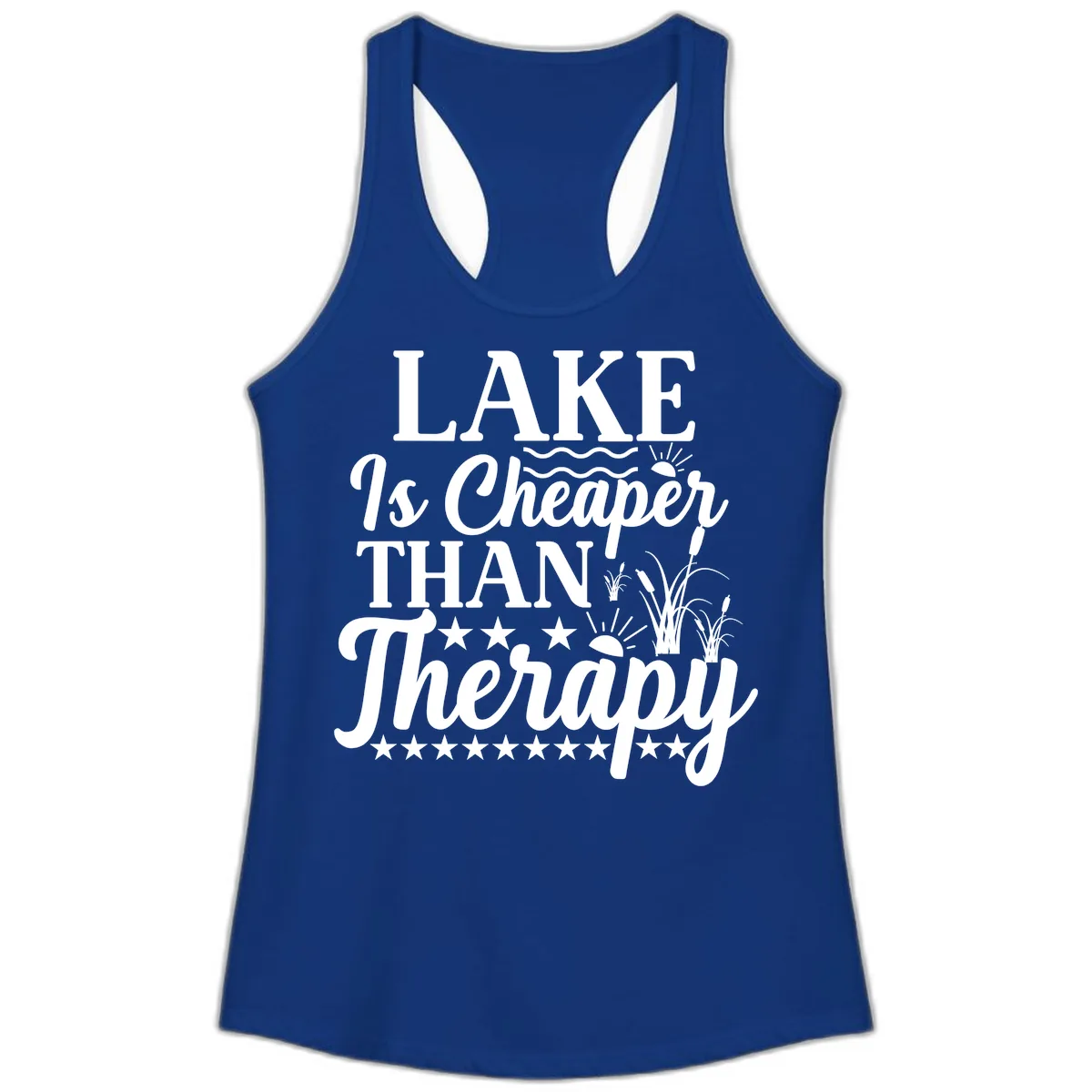 Lake Is Cheaper Than Therapy Design Ladies Tank in Solid Royal